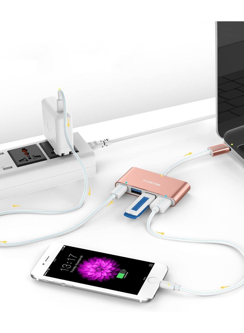 Lention LENTION 4-in-1 USB-C Hub with 3 USB 3.0 and Type C Power Delivery Compatible 2023-2016 MacBook Pro 13/14/15/16, New Mac Air/Surface, ChromeBook, More, Multiport Charging Adapter (CB-C13se, Rose Gold)  - Image 3
