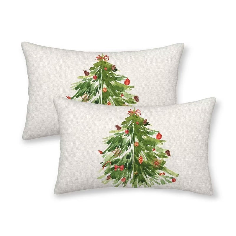 AEIOAE Watercolor Green Tree Pillow Covers 12x20 Inch Set of 2 Nature Forest Decorative Throw Pillows Farmhouse Linen Christmas Winter Pillow Case for Couch Sofa Bedroom Outdoor Decor - Image 1