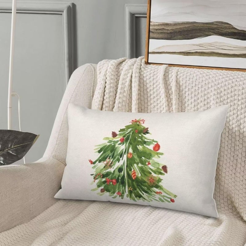 AEIOAE Watercolor Green Tree Pillow Covers 12x20 Inch Set of 2 Nature Forest Decorative Throw Pillows Farmhouse Linen Christmas Winter Pillow Case for Couch Sofa Bedroom Outdoor Decor - Image 5