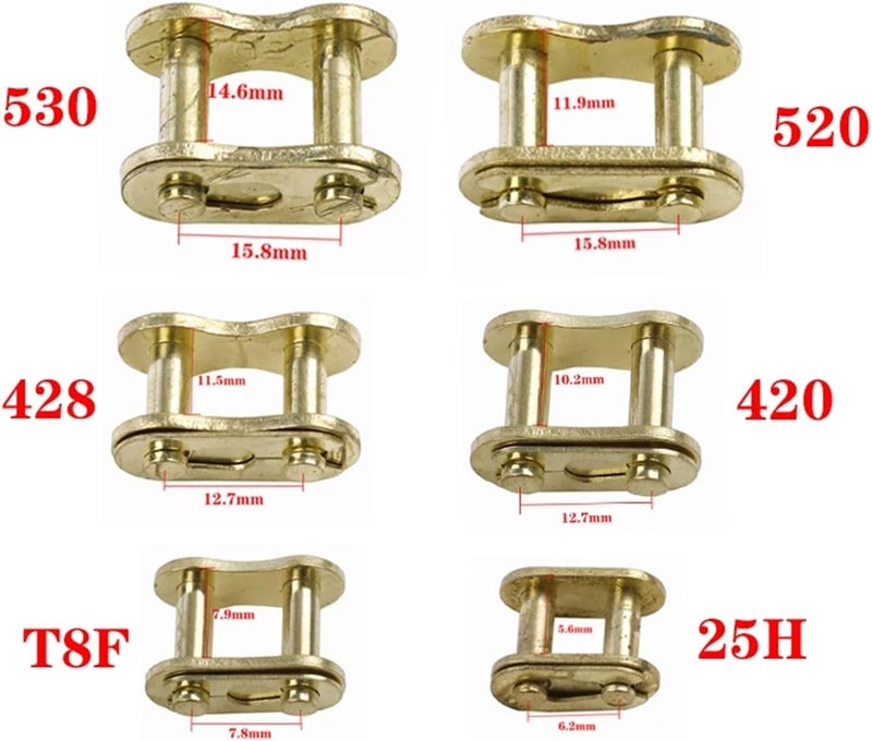 حلقة رئيسية (Master Link)، 20 قطعة، من نوع السلسلة الذهبية (Gold Chain Link)، بأحجام 530/520/420/428/T8F/25H، لقفل السلسلة، مناسبة لدراجات النار الصغيرة بسعة 49CC، ودراجات الطرق الوعرة، والدراجات الهوائية (لون ذهبي، حجم 428). - Image 5