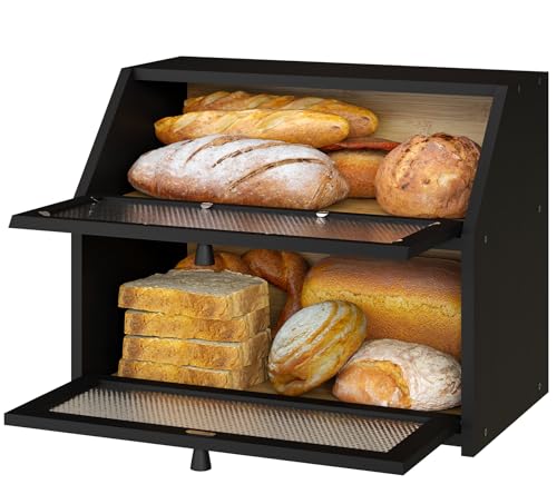 Vriccc Bread Box, Bamboo Wood Bread Box for Kitchen Counter, Double-layer Bread Storage Bin, Acrylic glass with Diamond Patterns (Black, Large) - Image 4