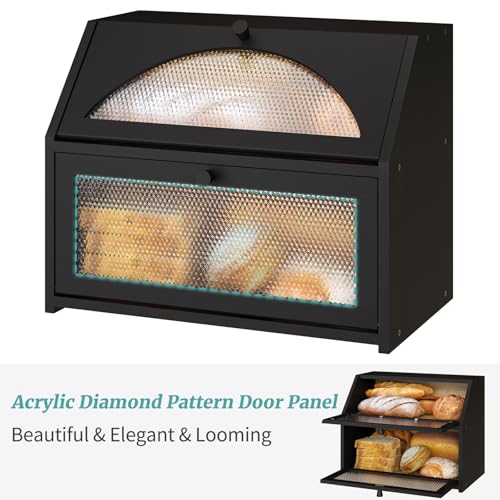 Vriccc Bread Box, Bamboo Wood Bread Box for Kitchen Counter, Double-layer Bread Storage Bin, Acrylic glass with Diamond Patterns (Black, Large) - Image 5