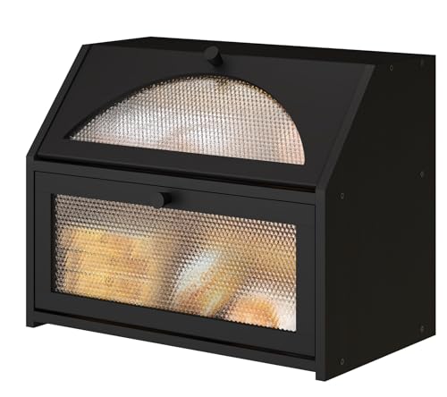 Vriccc Bread Box, Bamboo Wood Bread Box for Kitchen Counter, Double-layer Bread Storage Bin, Acrylic glass with Diamond Patterns (Black, Large) - Image 1