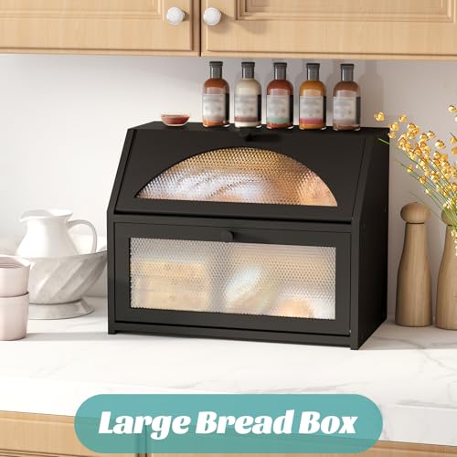 Vriccc Bread Box, Bamboo Wood Bread Box for Kitchen Counter, Double-layer Bread Storage Bin, Acrylic glass with Diamond Patterns (Black, Large) - Image 3