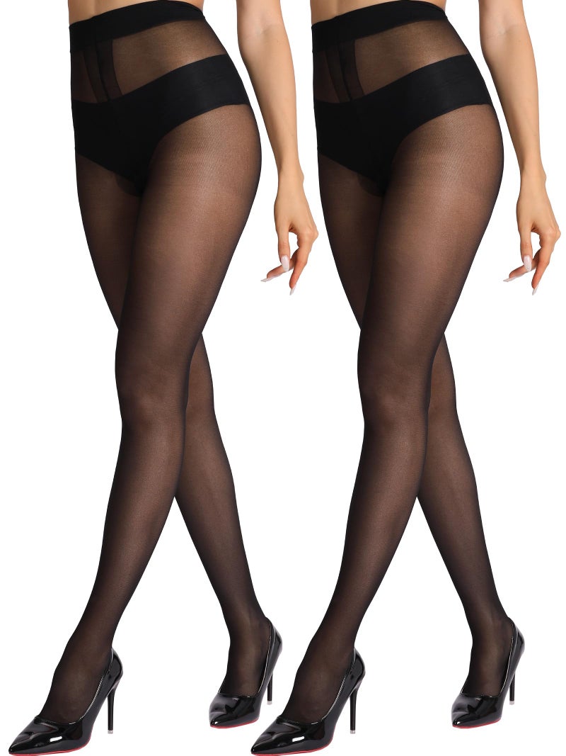 HONENNA Sheer Black Tights for Women 2 Pairs Ultra Thin Reinforced T Crotch Control Top Pantyhose Stockings valentines day outfits for women - Image 1