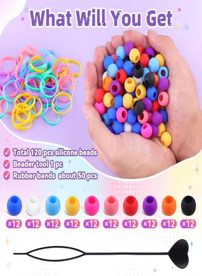 TINKRSTUFF 120Pcs 14mm Large Silicone Beads for Hair Braids, Soft Jellyish Hair Beads with 7mm Hole + 50 Rubber Bands and 1 Beader for Braiding, DIY Bracelets Necklaces Crafts (Multicolors) - Image 3