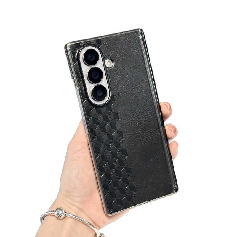 Protective Case | Black | Leather Texture | Solid Color | Diamond Pattern | Cover for Samsung Galaxy Z Fold 7 - Image 1