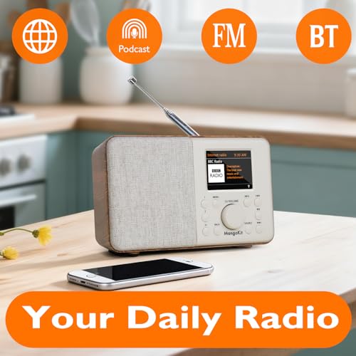 MangoKit SR10 Bluetooth 53 Podcast Player Portable FM Radio Mains or AA Battery Powered Color Display 60 Presets Dual Alarms App Control SupportWalnut - Image 3