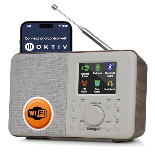 MangoKit SR10 Bluetooth 53 Podcast Player Portable FM Radio Mains or AA Battery Powered Color Display 60 Presets Dual Alarms App Control SupportWalnut - Image 1