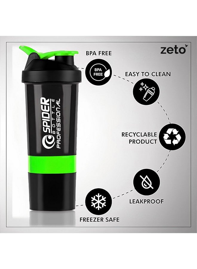 ZETO Ultimate Gym Buddy: Leak-Proof Protein Shaker Set with 2 Extra Compartments, Vibrant Multicolor Design -(Yellow/Black) (GREEN) - Image 4