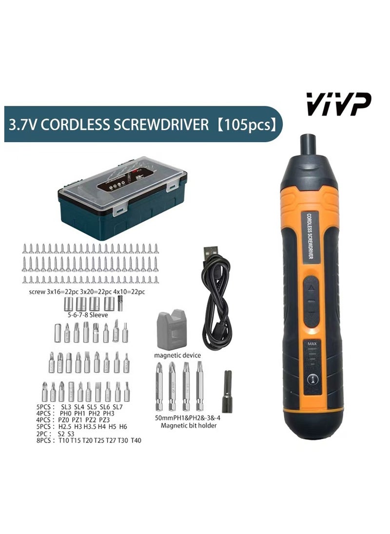 VIVP Electric Cordless Screwdriver With 105pcs Accessories USB Rechargeable Portable Electric Screwdriver Set Adjustable Torque Cordless Screwdriver For Small Home Projects Home DIY Repair  - Image 1