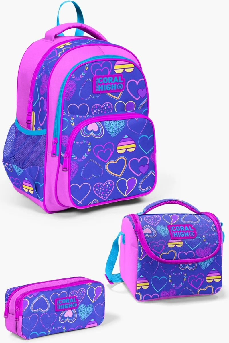 CORAL HIGH Kids Light Pink Lavender Heart Patterned 3-Piece School Bag Set SET0123401
