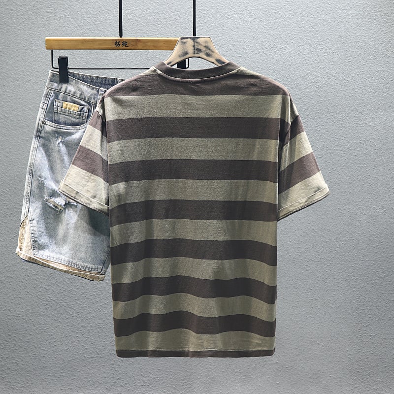 2024 Trendy Brand Short Sleeve T-Shirt Men'S Summer Heavy 260G Washed Casual Striped Embroidered Loose T-Shirt - Image 5