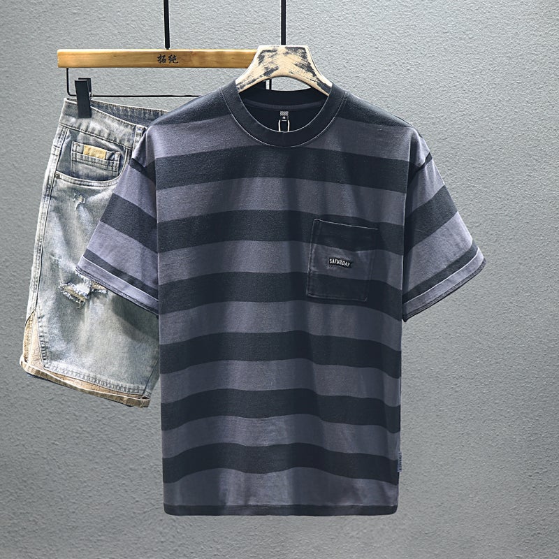 2024 Trendy Brand Short Sleeve T-Shirt Men'S Summer Heavy 260G Washed Casual Striped Embroidered Loose T-Shirt - Image 2
