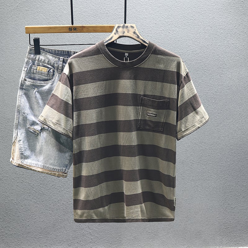 2024 Trendy Brand Short Sleeve T-Shirt Men'S Summer Heavy 260G Washed Casual Striped Embroidered Loose T-Shirt - Image 4