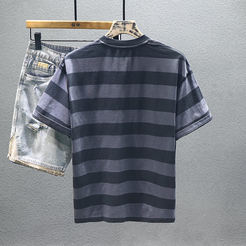 2024 Trendy Brand Short Sleeve T-Shirt Men'S Summer Heavy 260G Washed Casual Striped Embroidered Loose T-Shirt - Image 3