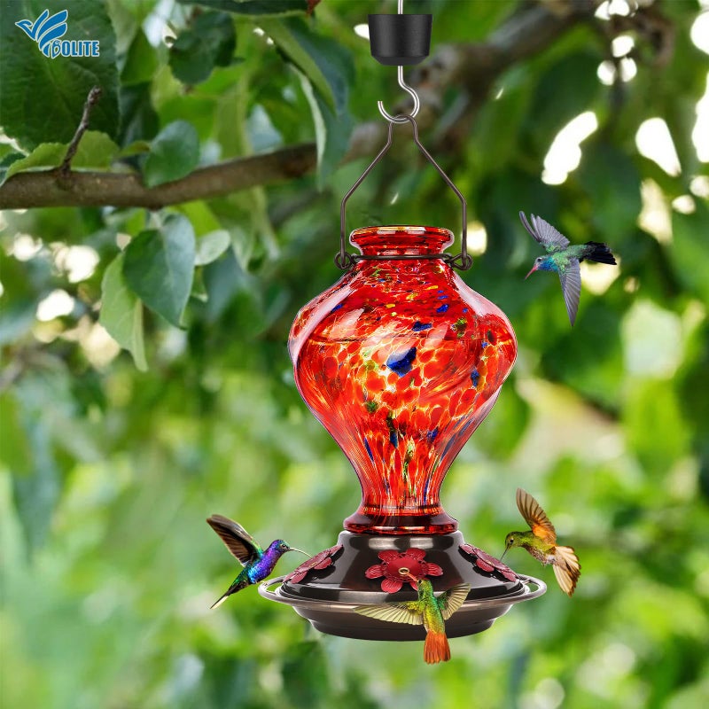 BOLITE Hummingbird Feeder, BOLITE Glass Hummingbird Feeders for Outdoors Hanging, Hand Blown Twisted with Ant Moat and Five Feeding Ports, 24 Ounces, Leak Proof, Red, Gifts for Women Men, Gifts for Mom Dad - Image 2