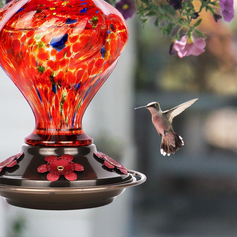 BOLITE Hummingbird Feeder, BOLITE Glass Hummingbird Feeders for Outdoors Hanging, Hand Blown Twisted with Ant Moat and Five Feeding Ports, 24 Ounces, Leak Proof, Red, Gifts for Women Men, Gifts for Mom Dad - Image 3