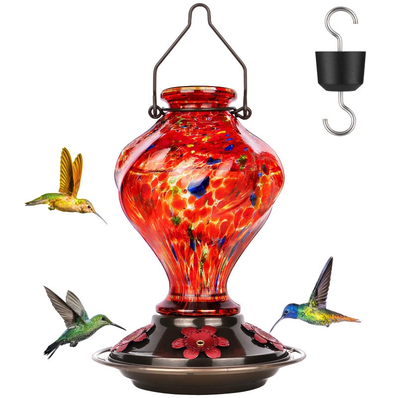 BOLITE Hummingbird Feeder, BOLITE Glass Hummingbird Feeders for Outdoors Hanging, Hand Blown Twisted with Ant Moat and Five Feeding Ports, 24 Ounces, Leak Proof, Red, Gifts for Women Men, Gifts for Mom Dad - Image 1