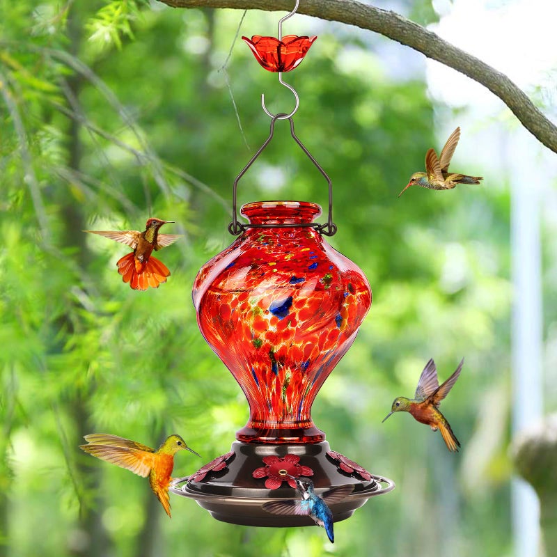 BOLITE Hummingbird Feeder, BOLITE Glass Hummingbird Feeders for Outdoors Hanging, Hand Blown Twisted with Ant Moat and Five Feeding Ports, 24 Ounces, Leak Proof, Red, Gifts for Women Men, Gifts for Mom Dad - Image 4
