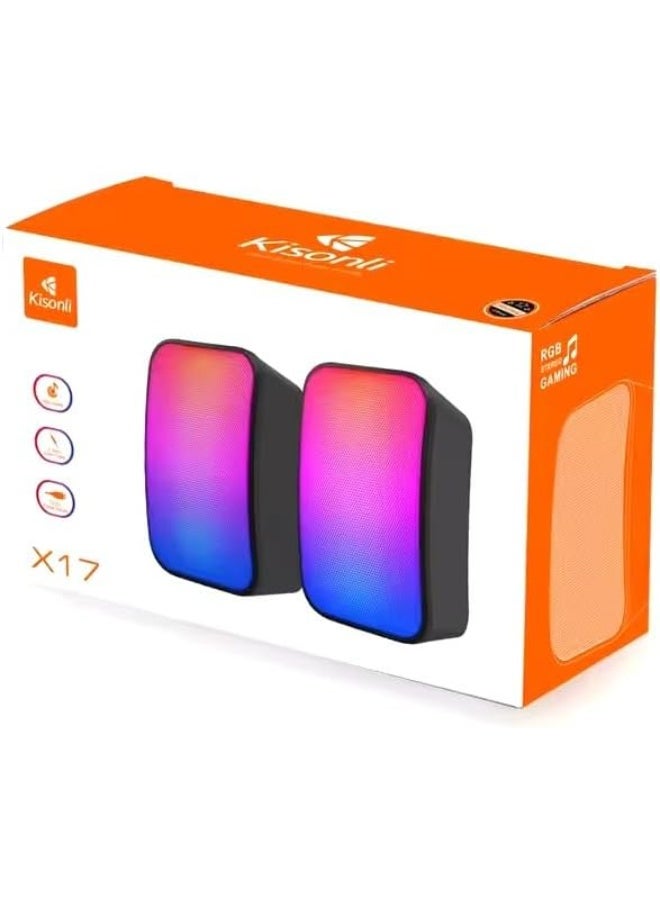 Kisonli KISONLI X17 USB + AUX 3.5MM Speaker RGB Speaker for Computer, LAPTOP 3 WATT PER SPEAKER  WITH MODERN ERGONOMIC DESIGN PERFECT FOR YOUR COMPUTER  SETUP  - Image 1