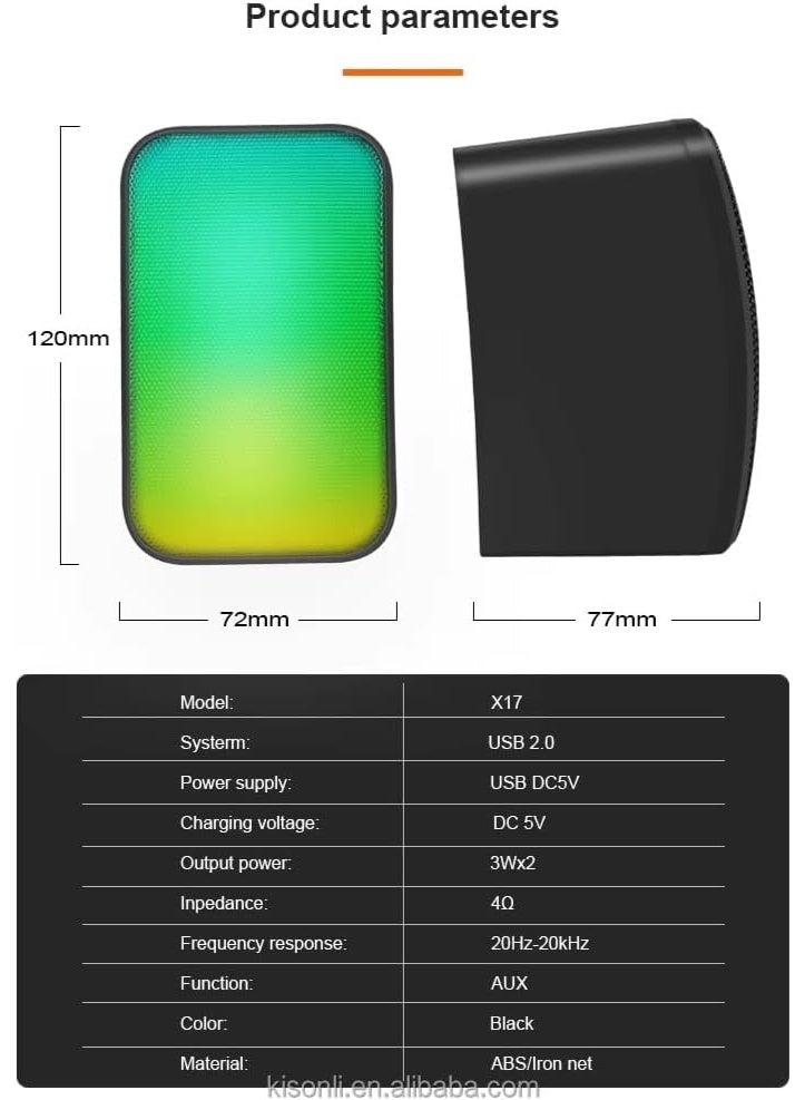 Kisonli KISONLI X17 USB + AUX 3.5MM Speaker RGB Speaker for Computer, LAPTOP 3 WATT PER SPEAKER  WITH MODERN ERGONOMIC DESIGN PERFECT FOR YOUR COMPUTER  SETUP  - Image 4