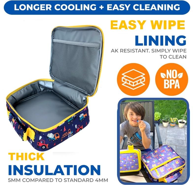Kinsho Truck Lunch Box with Ice Pack for Boys, Insulated Bag for Toddlers Kids Baby Boy Daycare Pre-School Kindergarten, Container Boxes for Small Kid Snacks Lunches, BPA Free, Blue Construction Trucks - Image 3
