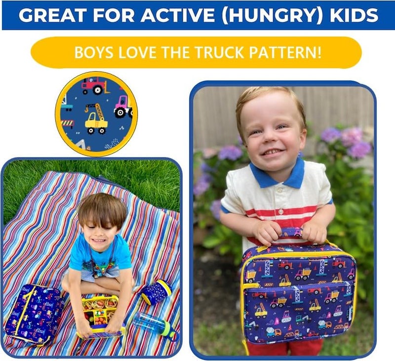 Kinsho Truck Lunch Box with Ice Pack for Boys, Insulated Bag for Toddlers Kids Baby Boy Daycare Pre-School Kindergarten, Container Boxes for Small Kid Snacks Lunches, BPA Free, Blue Construction Trucks - Image 5