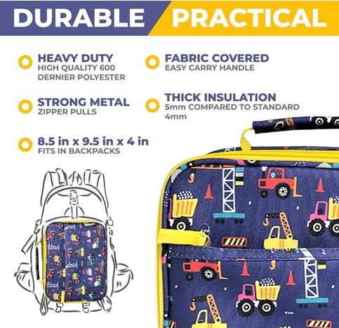 Kinsho Truck Lunch Box with Ice Pack for Boys, Insulated Bag for Toddlers Kids Baby Boy Daycare Pre-School Kindergarten, Container Boxes for Small Kid Snacks Lunches, BPA Free, Blue Construction Trucks - Image 4