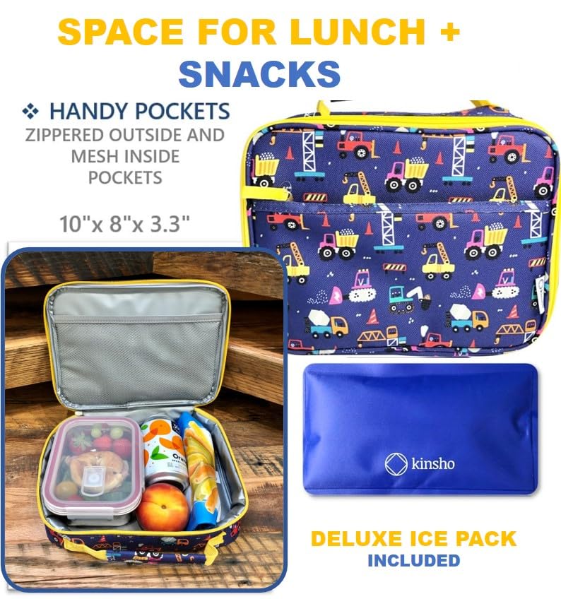 Kinsho Truck Lunch Box with Ice Pack for Boys, Insulated Bag for Toddlers Kids Baby Boy Daycare Pre-School Kindergarten, Container Boxes for Small Kid Snacks Lunches, BPA Free, Blue Construction Trucks - Image 2