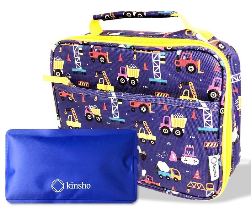Kinsho Truck Lunch Box with Ice Pack for Boys, Insulated Bag for Toddlers Kids Baby Boy Daycare Pre-School Kindergarten, Container Boxes for Small Kid Snacks Lunches, BPA Free, Blue Construction Trucks - Image 1