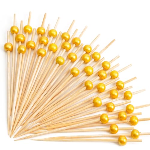 PuTwo Cocktail Picks Handmade Bamboo Appetizer Toothpicks 100 Counts 4.7” Yellow Pearls - Image 1