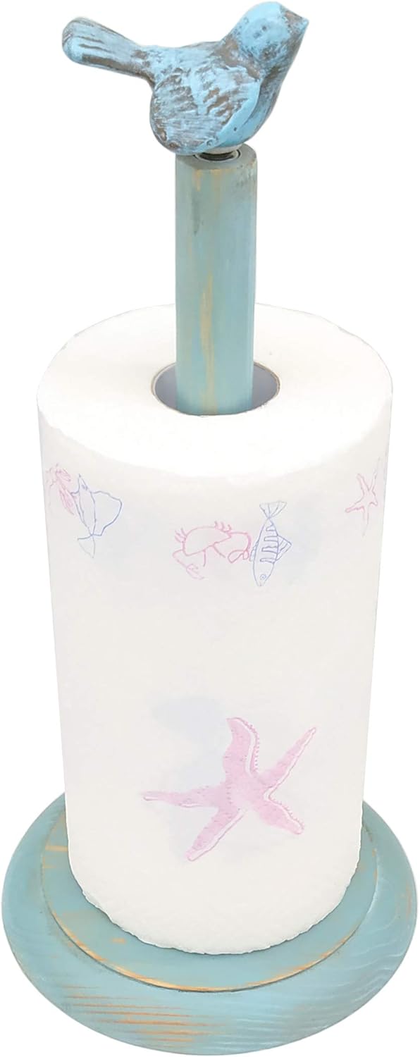 Owlgift Bird Design Wood Paper Towel Holder Stand Up Paper Towel Holder Easy OneHanded Tear Kitchen Paper Towel Dispenser with Weighted Base for Standard Paper Towel Rolls  Turquoise - Image 2