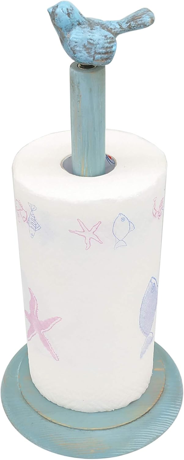 Owlgift Bird Design Wood Paper Towel Holder Stand Up Paper Towel Holder Easy OneHanded Tear Kitchen Paper Towel Dispenser with Weighted Base for Standard Paper Towel Rolls  Turquoise - Image 1