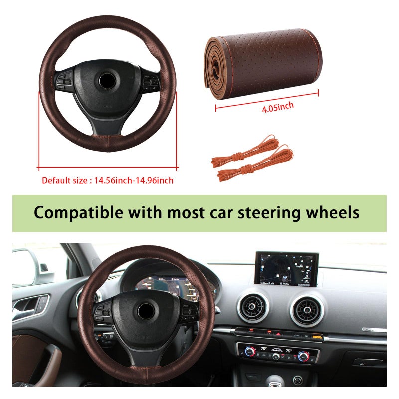 Kewucn Genuine Leather Steering Wheel Cover, 15" Universal Car Steering Wheel Protector with Needle Thread, Breathable Anti-Slip Steering Wheel Cover DIY Stitch on Wrap (Coffee, Full Hole) - Image 2
