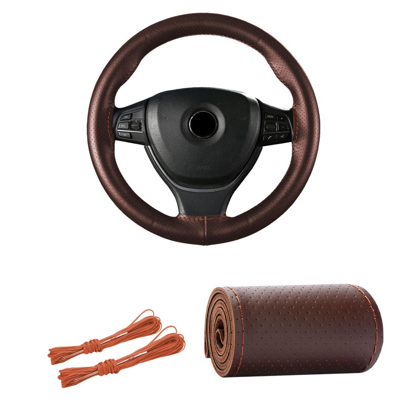 Kewucn Genuine Leather Steering Wheel Cover, 15" Universal Car Steering Wheel Protector with Needle Thread, Breathable Anti-Slip Steering Wheel Cover DIY Stitch on Wrap (Coffee, Full Hole) - Image 1