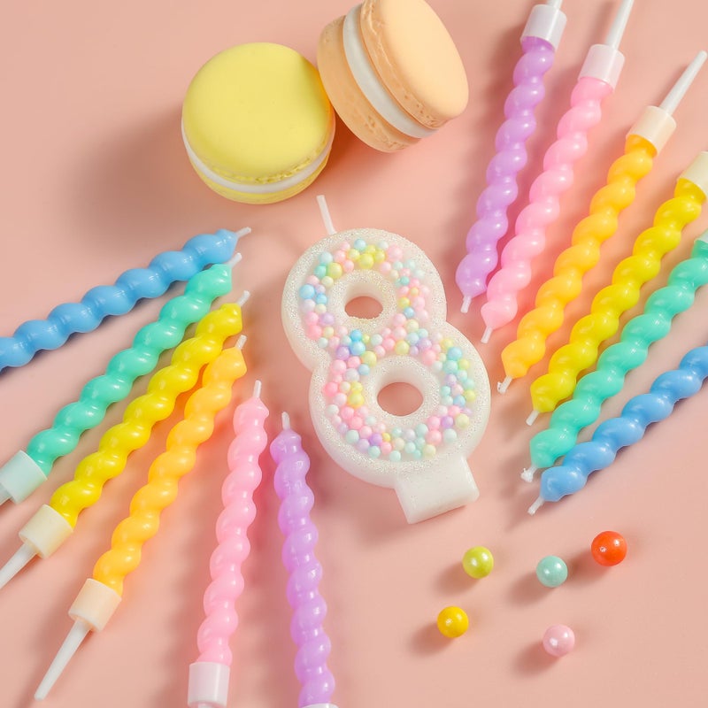 PHD CAKE Number 8 Birthday Candle Macaron Glitter Number Candle with Rainbow Spiral Candles in Holders for Cake Topper, Pastel Sweet Theme Party Decoration - Image 2