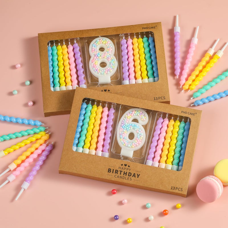 PHD CAKE Number 8 Birthday Candle Macaron Glitter Number Candle with Rainbow Spiral Candles in Holders for Cake Topper, Pastel Sweet Theme Party Decoration - Image 3