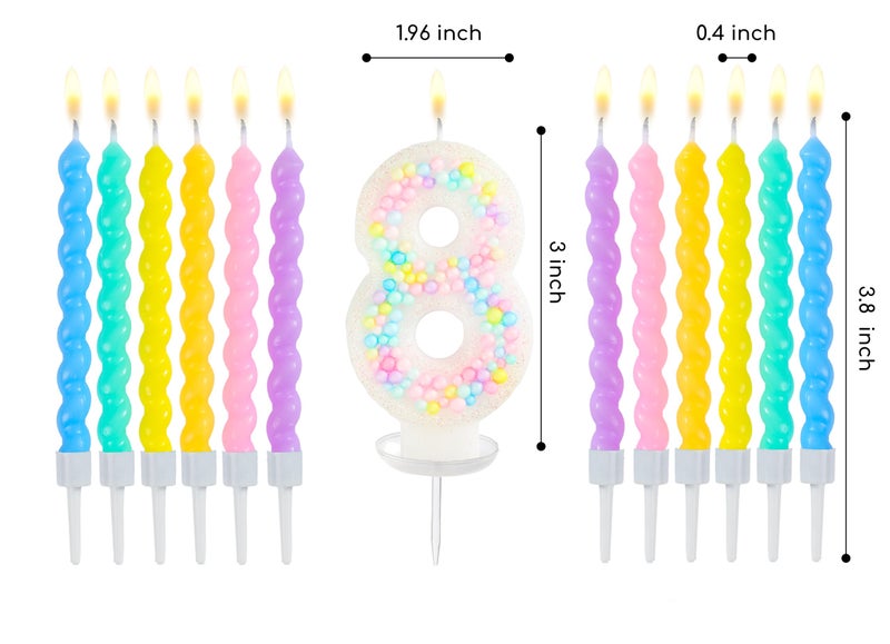 PHD CAKE Number 8 Birthday Candle Macaron Glitter Number Candle with Rainbow Spiral Candles in Holders for Cake Topper, Pastel Sweet Theme Party Decoration - Image 5