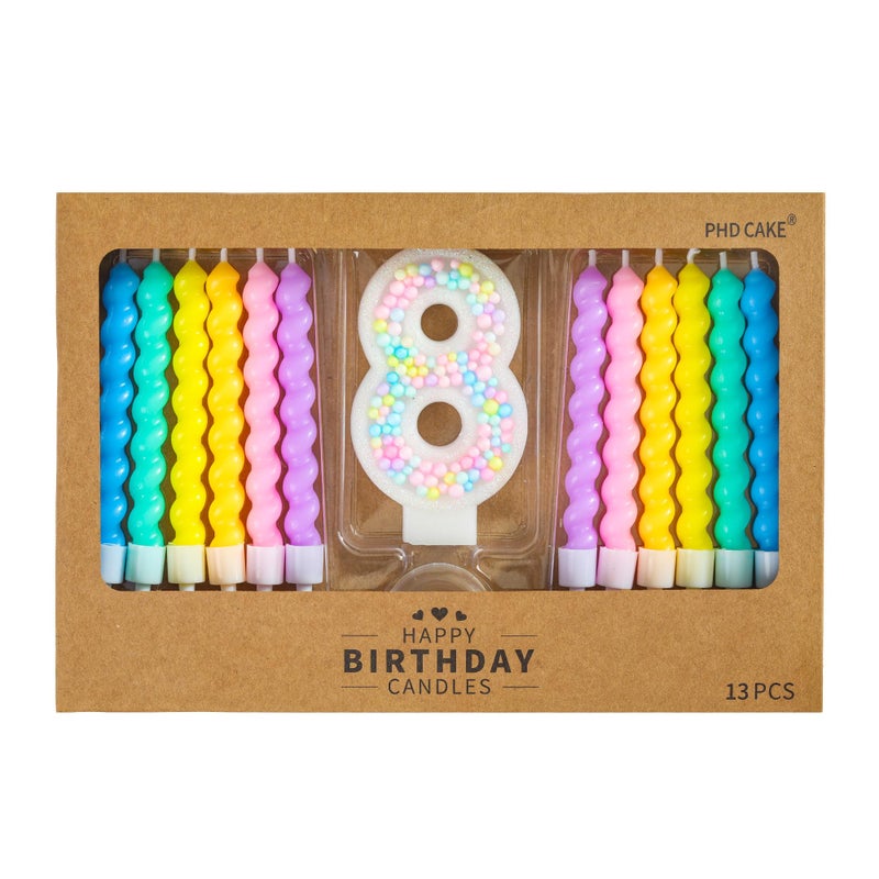 PHD CAKE Number 8 Birthday Candle Macaron Glitter Number Candle with Rainbow Spiral Candles in Holders for Cake Topper, Pastel Sweet Theme Party Decoration - Image 1