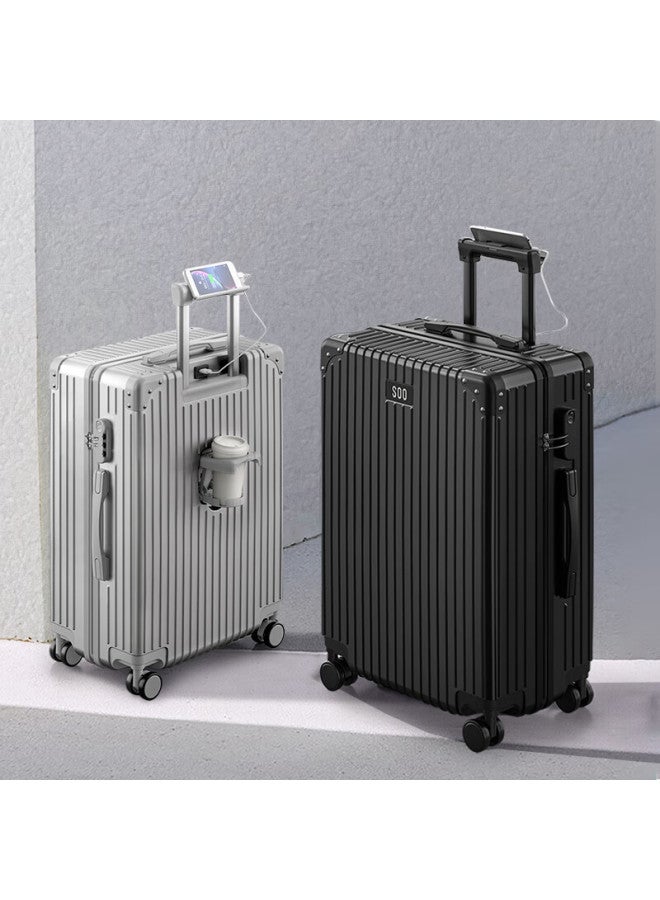 Soo Luggage, Multifunctional Suitcase, Trolley Case, Large Capacity For Students, Travel Password Lock, Leather Case, Cup Holder, Black, 26 Inches - Image 3