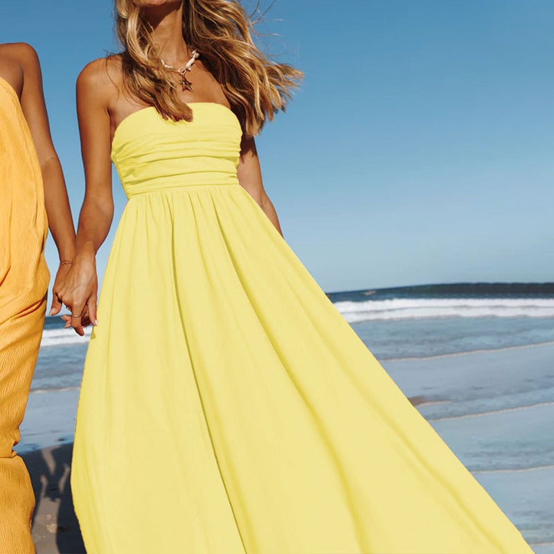 Women's Strapless Bodycon Dress Summer Yellow Elegant Long - Image 4