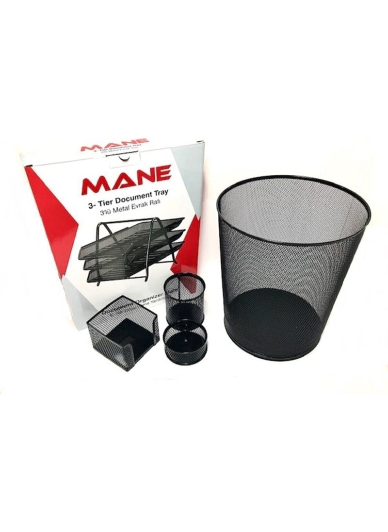 Temat Office Desk Set - Pen Holder, Note Holder, Paper Clip Holder 23CM Dustbin, 3-Piece Document Shelf Black 