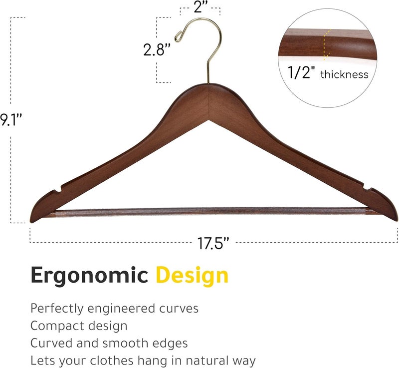 Quality Hangers شماعات خشبية ع��لية الجودة - مجموعة 30 شماعة منحنية قليلاً - معطف خشبي صلب مع خطافات كروم أنيقة - شماعات ثقيلة للملابس والجاكيت والقمصان والبنطلونات والبدلات - Image 5