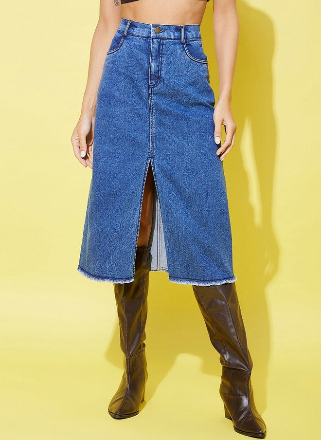 StyleStone A-Line Center Slit Denim Midi Skirt with Fringed Hem - Image 2