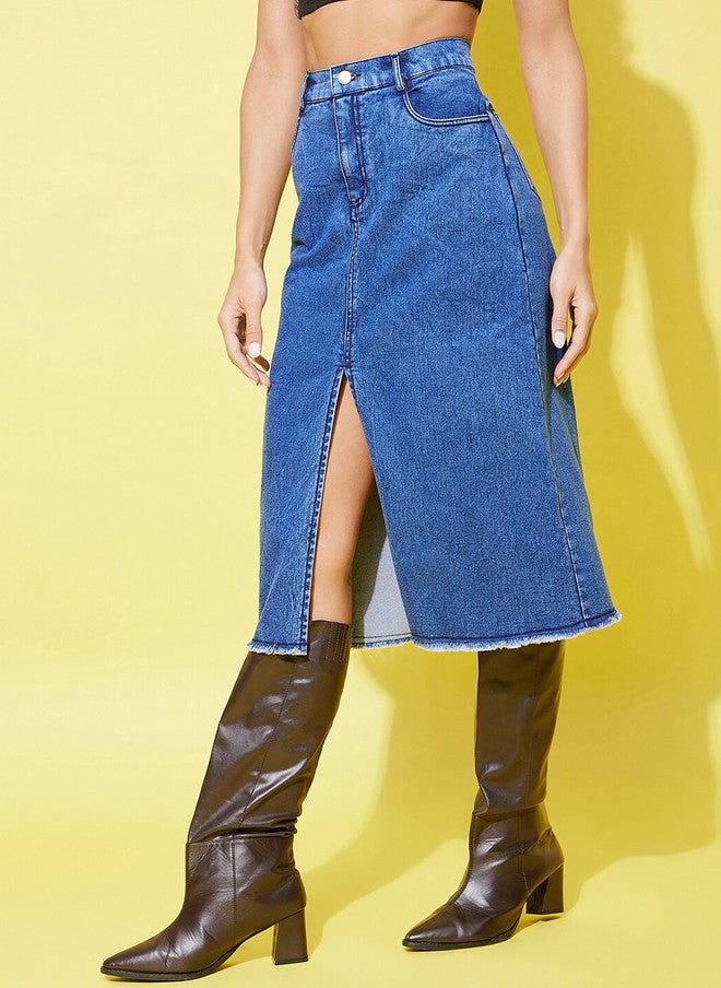 StyleStone A-Line Center Slit Denim Midi Skirt with Fringed Hem - Image 4
