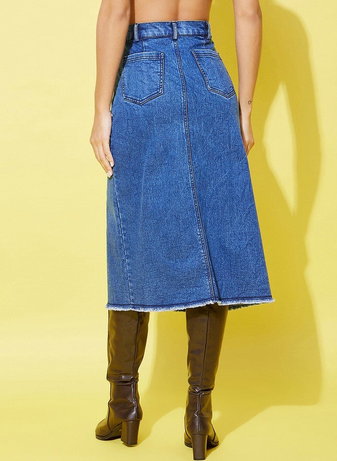 StyleStone A-Line Center Slit Denim Midi Skirt with Fringed Hem - Image 5