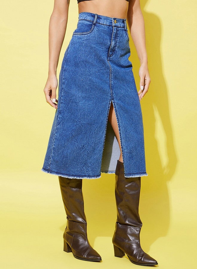 StyleStone A-Line Center Slit Denim Midi Skirt with Fringed Hem - Image 3