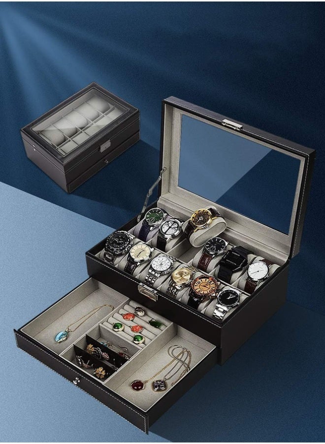 بلومنغ تايم بو الجلود طبقة مزدوجة 12-شبكة ووتش مربع ، شفافة الزجاج مرئية مربع غطاء ، مجوهرات تخزين مربع ، الراقية متعددة الوظائف مجوهرات مربع - Image 1