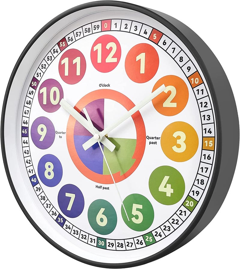 DORBOKER Learning Clock for kids, Glow in The Dark Wall Clock for Bedroom, 12 Inch Silent Night Light Kids Wall Clock, Colorful Illuminated Telling Time Teaching Clock,Kids Room Decor (Illuminated Gray) - Image 1